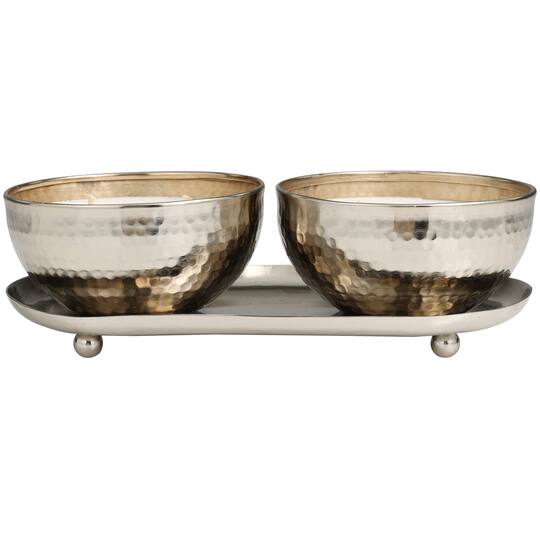 White Wax Vanilla Marshmallow Scented Candle Set with Silver Hammered Containers and Oval Holding Tray